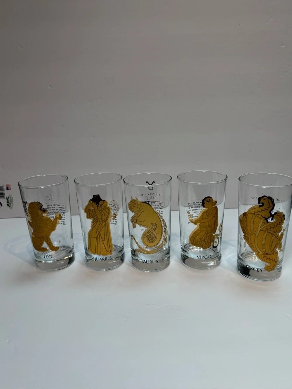 Vintage MCM Hocking 22K Gold Zodiac Highball Glass Tumblers Set of 5 - Picture 1 of 12